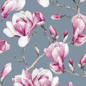 Magnolias / Dusty Blue Background / Small Scale