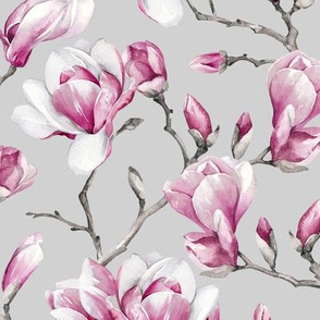 Magnolias / Light Grey Background / Small Scale