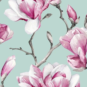 Magnolias / Mint Background / Large Scale