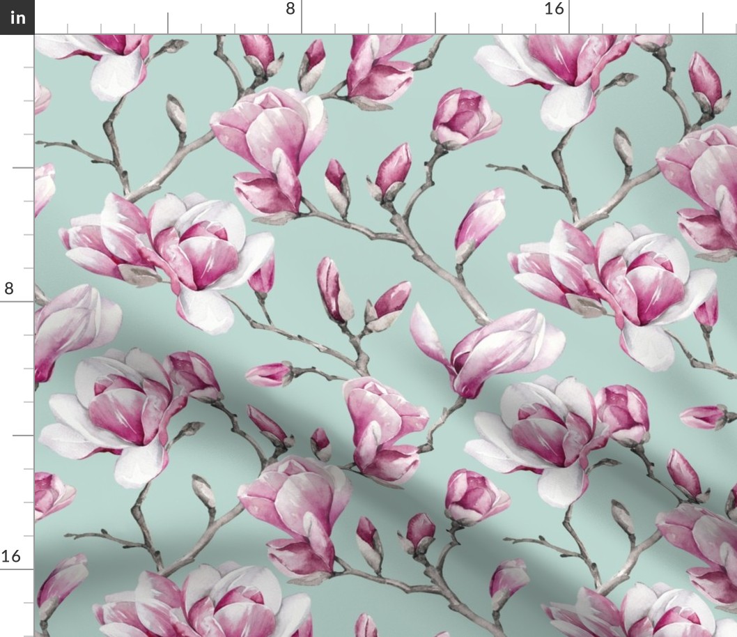 Magnolias / Mint Background / Large Scale