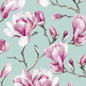 Magnolias / Mint Background / Small Scale