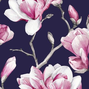 Magnolias / Navy Background / Large Scale