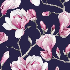 Magnolias / Navy Background / Small Scale