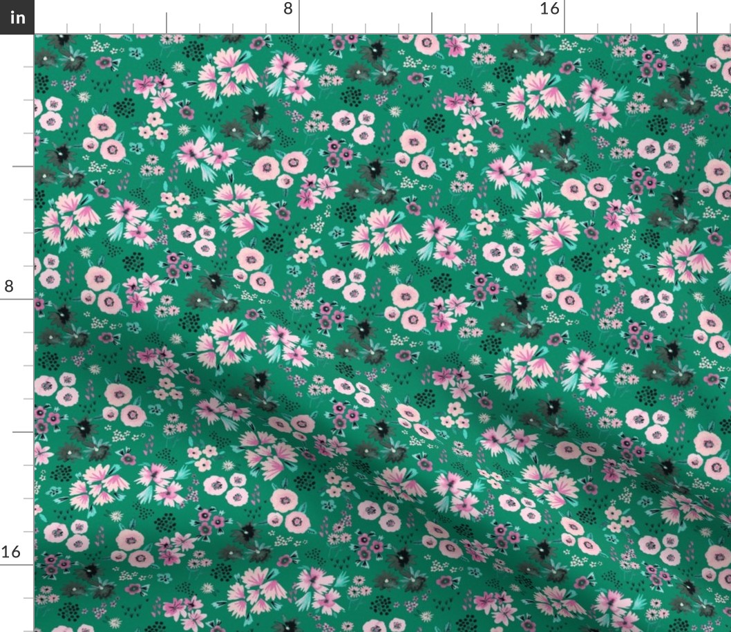 Ditsy Floral Cute small floral watercolor Green Emerald