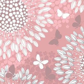 macro flowers and butterflies on pink dust