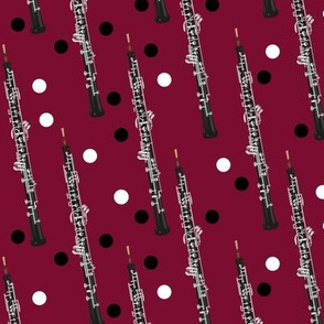 oboes and polka dots on dark red