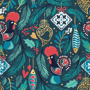 Normal scale // Portuguese Christmas Tree // blue background green and aqua pine leaves multicoloured symbolic decorations Barcelo roosters sardines tiles golden Viana hearts and details
