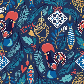Normal scale // Portuguese Christmas Tree // blue background blue pine leaves multicoloured symbolic decorations Barcelo roosters sardines tiles golden Viana hearts and details