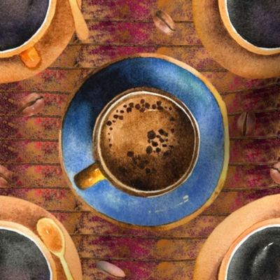 coffee time blue and gold cup burgundy gold background FLWRHT