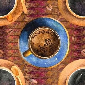 coffee time blue and gold cup burgundy gold background FLWRHT