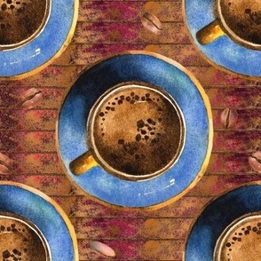 coffee time blue cup burgundy gold background FLWRHT