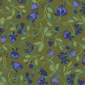 Modern and graphic bohemian floral pattern_romantic garden bedding_green and purple_large scale