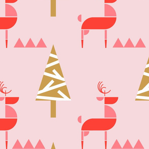 Scandinavian Reindeer in woodland- Abstract Geometric Doe with Christmas Trees- Pink/Goldenrod/Coral/Light Watermelon Pink- Large Scale