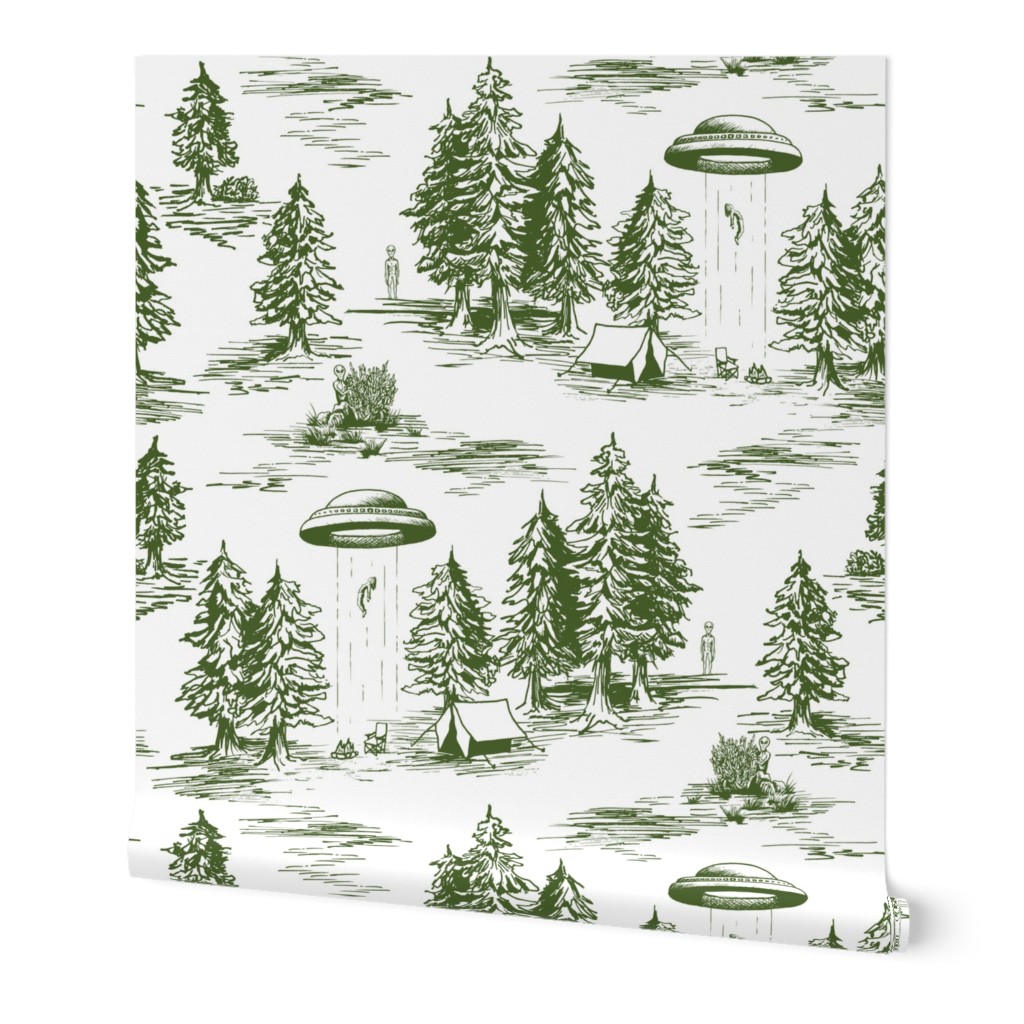 Large-Scale Green & White Alien Abduction Toile de Jouy