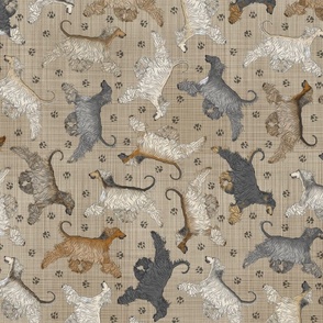 Trotting Afghan Hounds and paw prints - faux linen