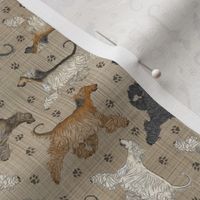Tiny Trotting Afghan Hounds and paw prints - faux linen