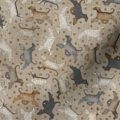 Tiny Trotting Afghan Hounds and paw prints - faux linen