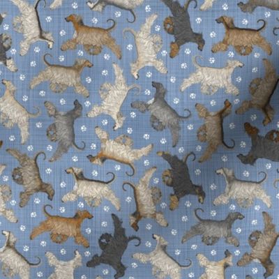 Tiny Trotting Afghan Hounds and paw prints - faux denim