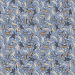 Tiny Trotting Afghan Hounds and paw prints - faux denim