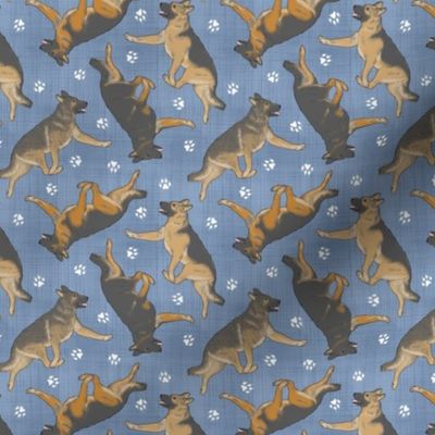 Tiny Trotting German Shepherd dogs and paw prints - faux denim