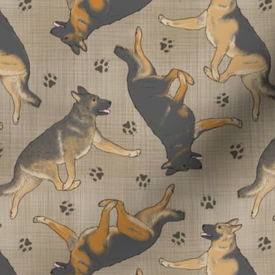 Trotting German Shepherd dogs and paw prints - faux linen