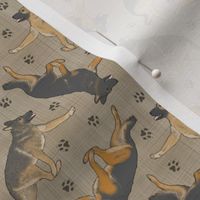 Tiny Trotting German Shepherd dogs and paw prints - faux linen