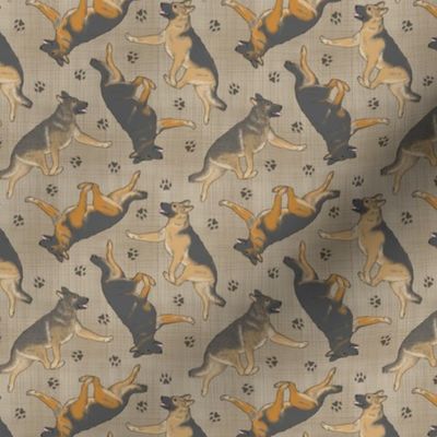 Tiny Trotting German Shepherd dogs and paw prints - faux linen