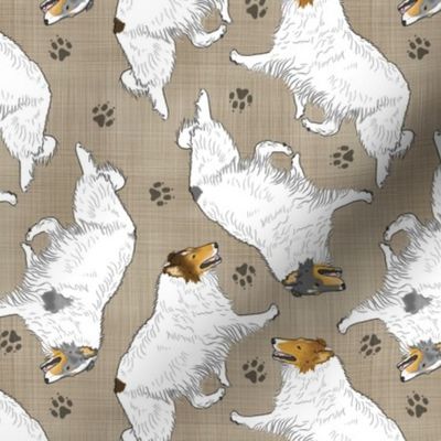 Trotting Color head white rough coated Collies and paw prints - faux linen