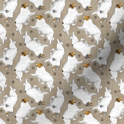 Tiny Trotting Color head white rough coated Collies and paw prints - faux linen