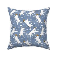 Trotting Color head white smooth coated Collies and paw prints - faux denim