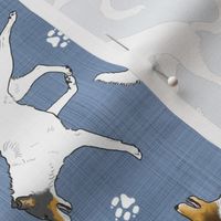 Trotting Color head white smooth coated Collies and paw prints - faux denim