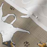 Trotting Color head white smooth coated Collies and paw prints - faux linen