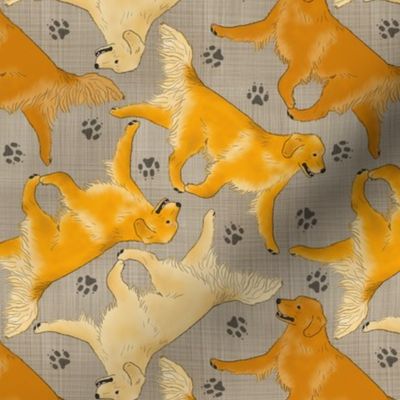 Trotting Golden Retrievers and paw prints - faux linen