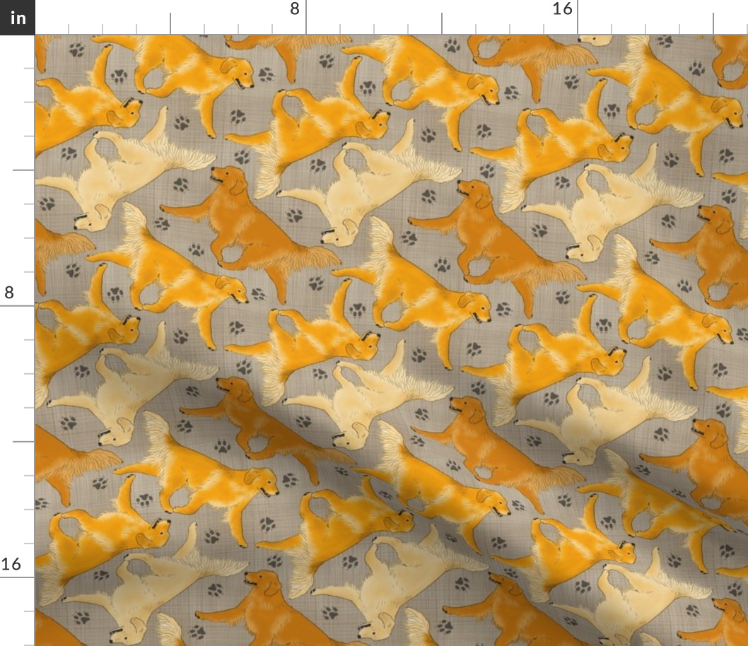 Trotting Golden Retrievers and paw prints - faux linen