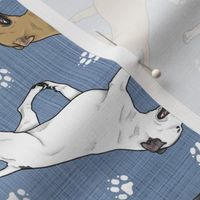 Trotting Staffordshire Bull Terriers and paw prints - faux denim