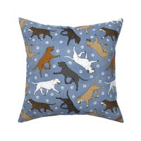 Trotting Staffordshire Bull Terriers and paw prints - faux denim