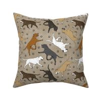 Trotting Staffordshire Bull Terriers and paw prints - faux linen