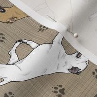 Trotting Staffordshire Bull Terriers and paw prints - faux linen