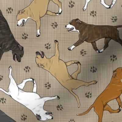 Trotting Staffordshire Bull Terriers and paw prints - faux linen