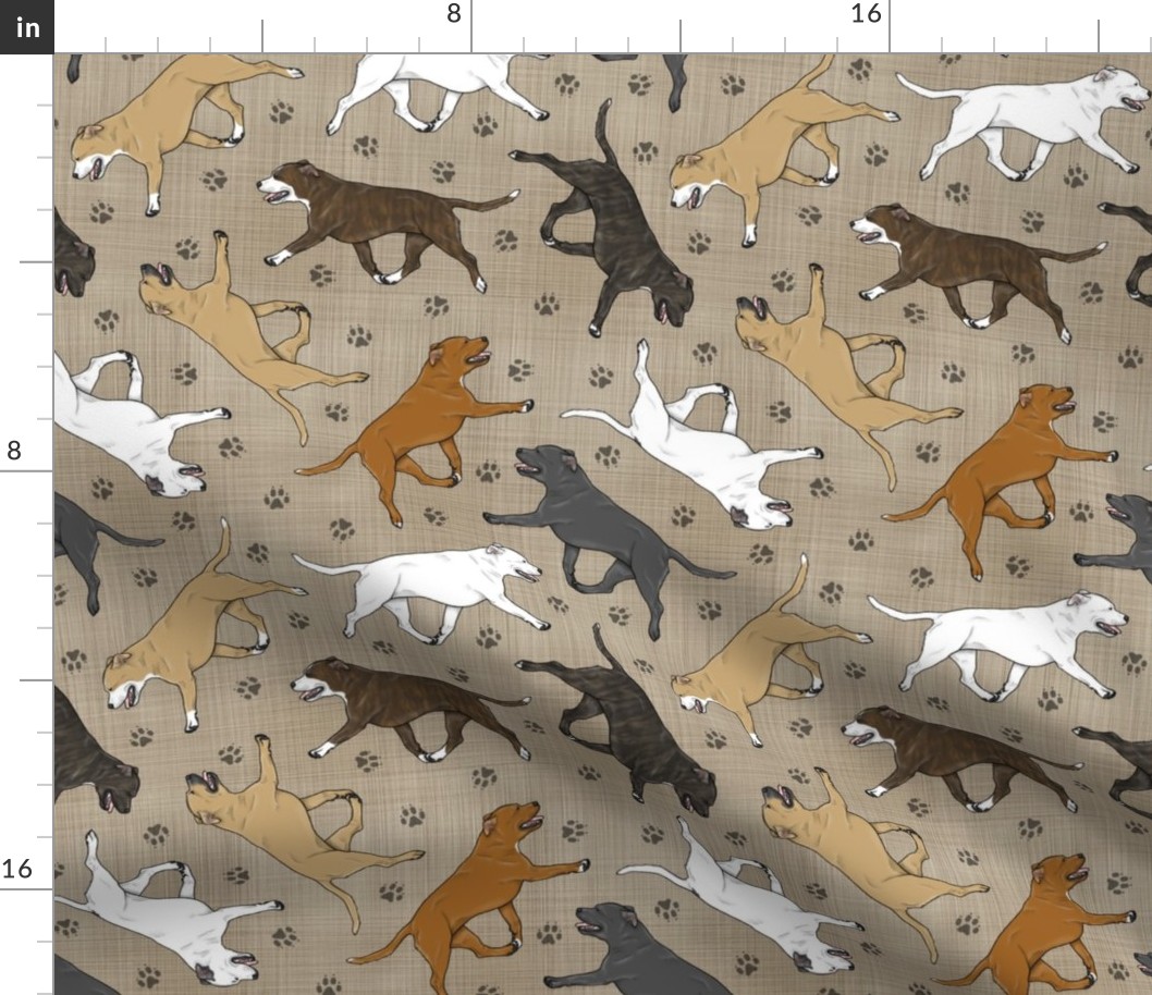 Trotting Staffordshire Bull Terriers and paw prints - faux linen