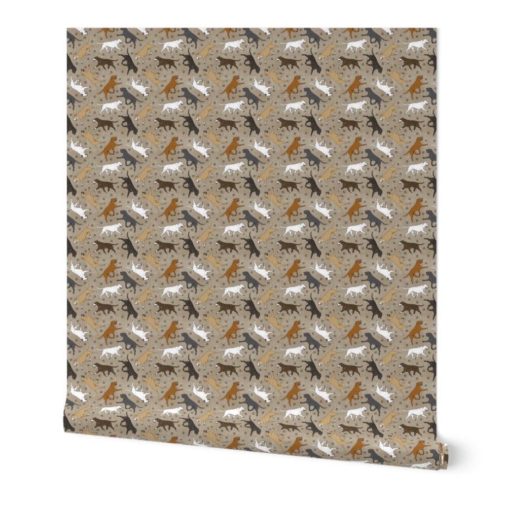 Tiny Trotting Staffordshire Bull Terriers and paw prints - faux linen