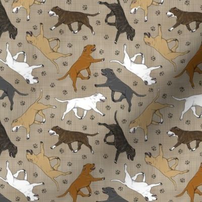Tiny Trotting Staffordshire Bull Terriers and paw prints - faux linen