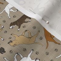 Tiny Trotting Staffordshire Bull Terriers and paw prints - faux linen