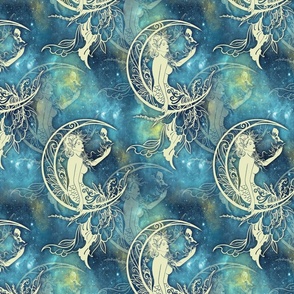 MERMAID ON MOON NEBULA SKY BLUE