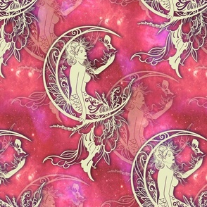 large MERMAID ON MOON NEBULA SKY PINK