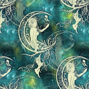 large MERMAID ON MOON NEBULA SKY TURQUOISE