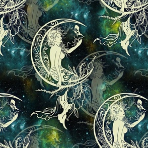 large MERMAID ON MOON NEBULA SKY NIGHT GREEN