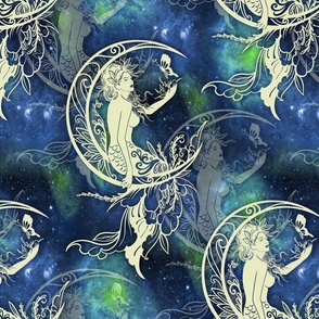 large MERMAID ON MOON NEBULA SKY NIGHT BLUE