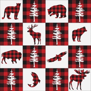 forest animals quilt with white pine trees, red and black buffalo check & red & black buffalo check animals on grey squares