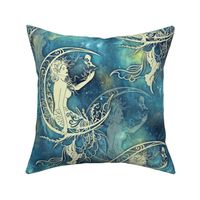 large MERMAID ON MOON NEBULA SKY BLUE